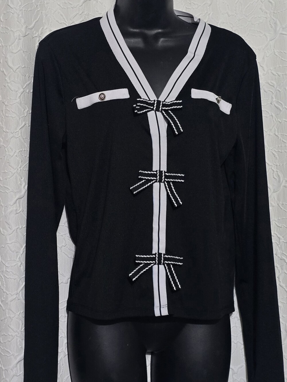 Women's Black V-Neck Long Sleeve Top with Pearl Button and Bow Accents Size L